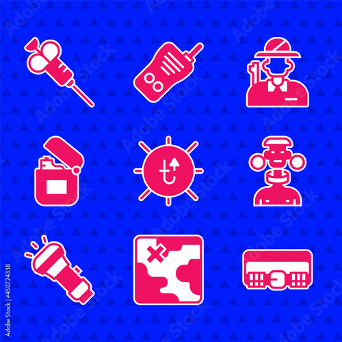 Set Sun, Africa safari map, Hunting cartridge belt, African tribe male, Flashlight, Lighter, Hunter and Syringe icon. Vector