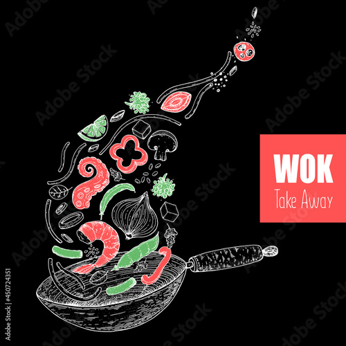 Wok pan and ingredients for wok sketch. Hand drawn vector illustration. Asian food. Noodles, meat, pepper, shrimp and other ingredients. Asian cuisine.