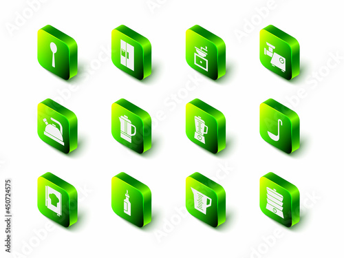 Set Refrigerator, Manual coffee grinder, Kitchen meat, ladle, Slow cooker, Blender, Measuring cup and Bottle olive oil icon. Vector