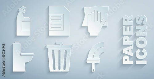 Set Trash can, Cleaning service, Toilet bowl, Rubber cleaner for windows, Laundry detergent and Bottle cleaning agent icon. Vector