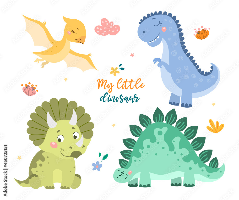 Childish set with cute baby dino collection on white background. Concept of  dinosaur animals, mom and baby dino, family of dinosaurs. Flat cartoon  vector illustration Stock Vector | Adobe Stock