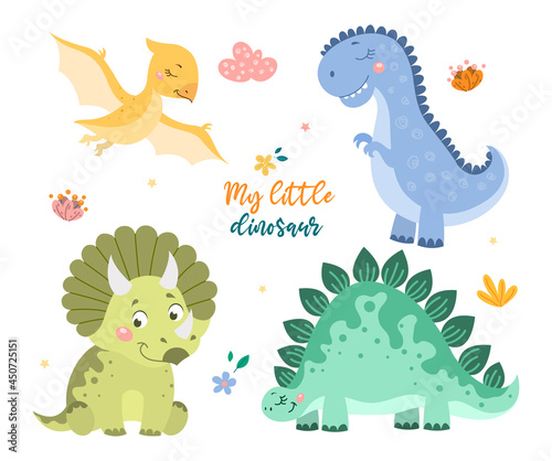 Childish set with cute baby dino collection on white background. Concept of dinosaur animals  mom and baby dino  family of dinosaurs. Flat cartoon vector illustration