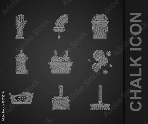 Set Basin with shirt, Dustpan, Handle broom, Soap water bubbles, Temperature wash, Bottle for cleaning agent, Trash can and Rubber gloves icon. Vector