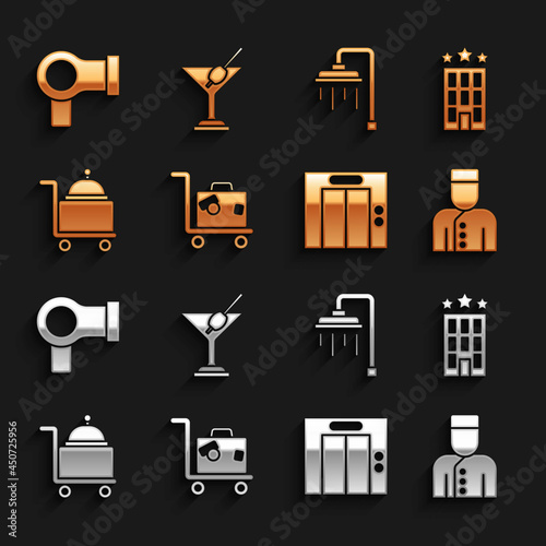 Set Suitcase, Hotel building, Concierge, Lift, Covered with tray, Shower, Hair dryer and Martini glass icon. Vector