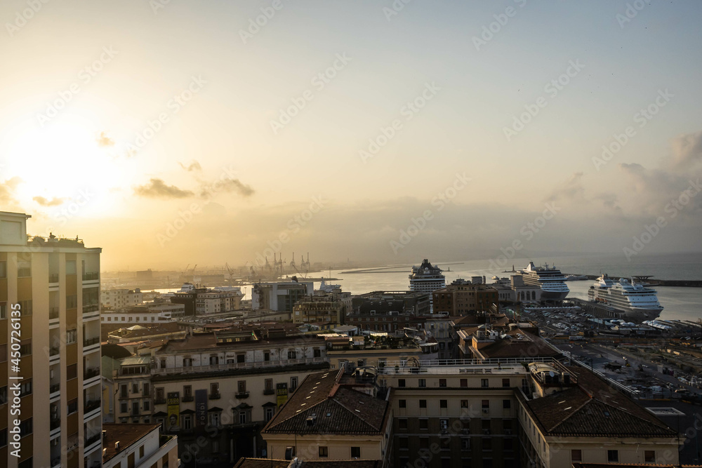 Morning aerial image of the City of Naples Italy with the Bay of Naples