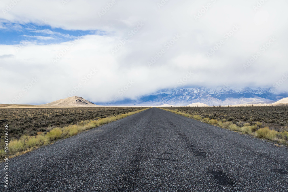 Fototapeta premium A long, straight road heading into the distant mountains in Idaho.