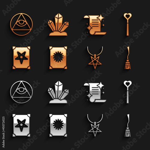 Set Ancient magic book, Magic wand, Witches broom, Pentagram on necklace, Masons and stone icon. Vector