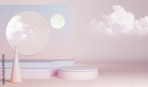 Natural beauty podium, minimal cube box and abstract background. Pastel blue and coral colors scene. Trendy 3d render for social media banners, promotion, cosmetic product show.
