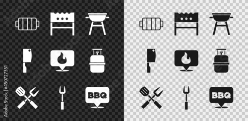 Set Barbecue grill, BBQ brazier, Crossed fork and spatula, Meat chopper and Location with fire flame icon. Vector