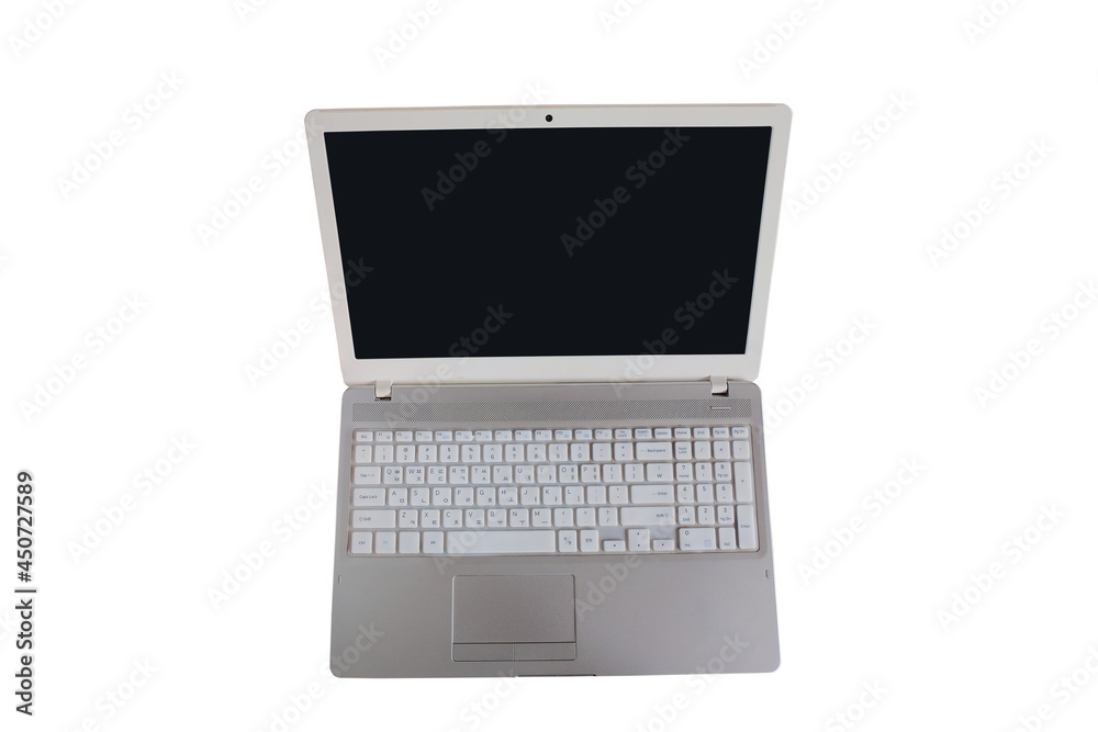 Laptop computer with blank black screen on white background