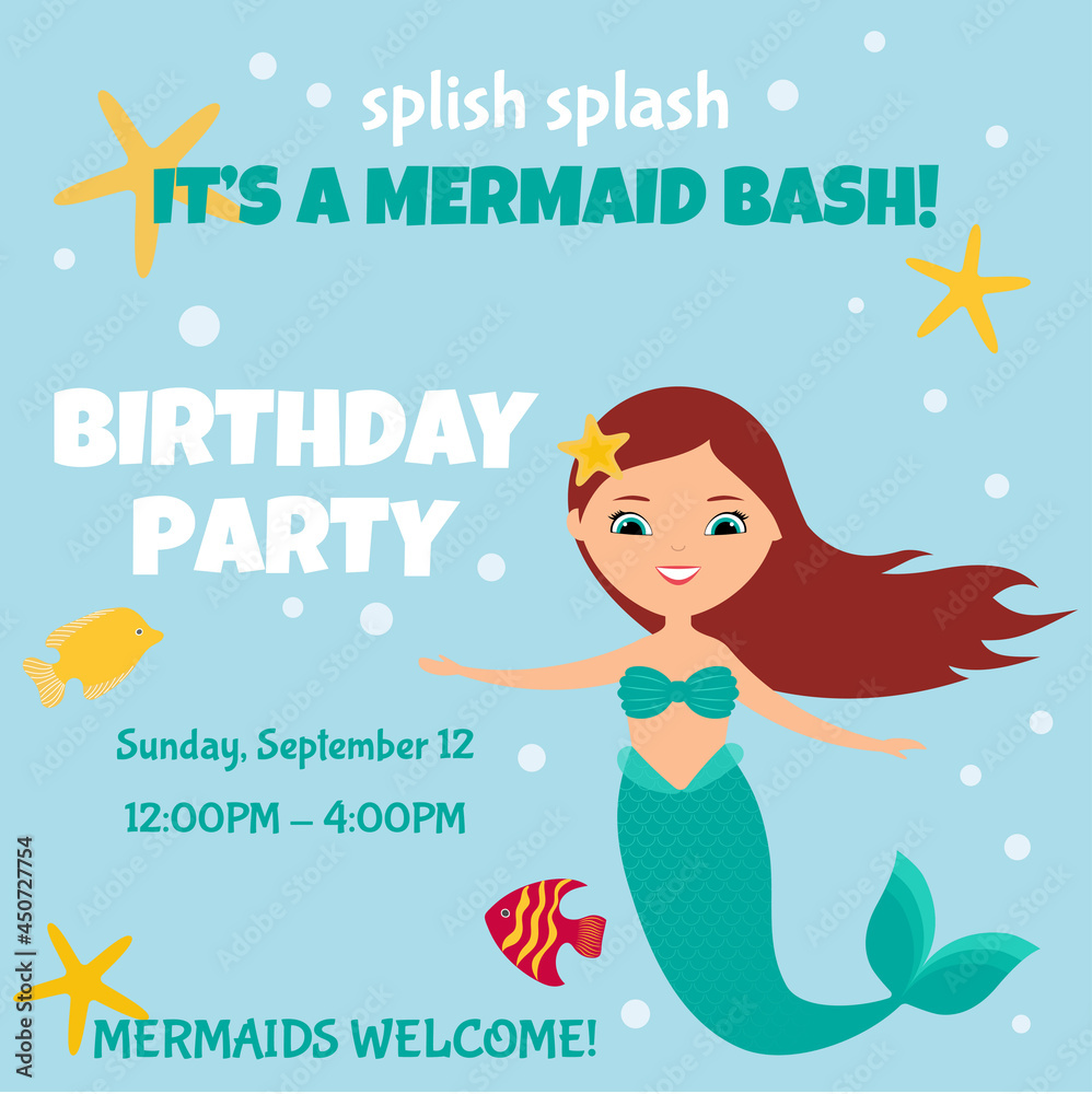 Splish splash, it's a mermaid bash. Birthday party invitation with cute ...