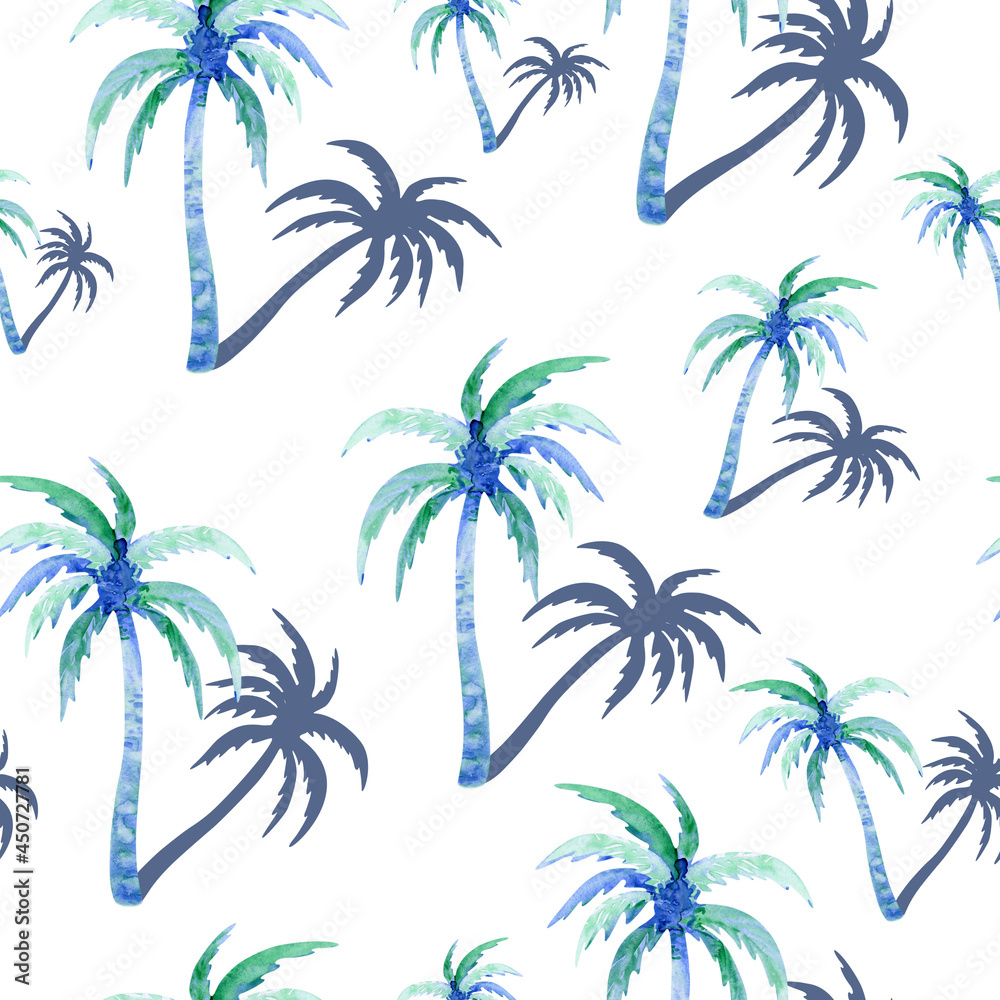 Coconut palms seamless pattern. Tropical summer print with watercolor trees. 