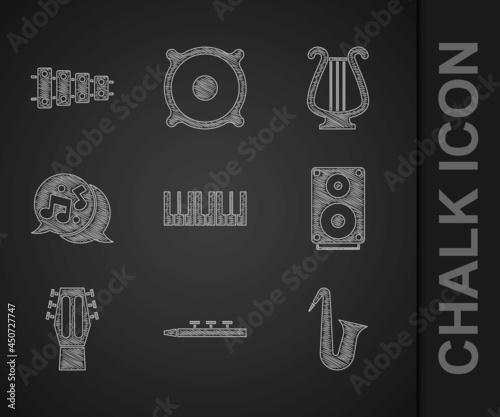 Set Music synthesizer, Drum and drum sticks, Musical instrument saxophone, Stereo speaker, Guitar, note, tone, Ancient lyre and Xylophone icon. Vector