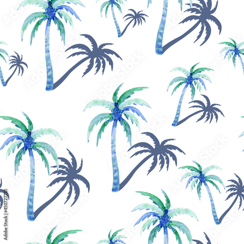 Coconut palms seamless pattern. Tropical summer print with watercolor trees.  © AineGing