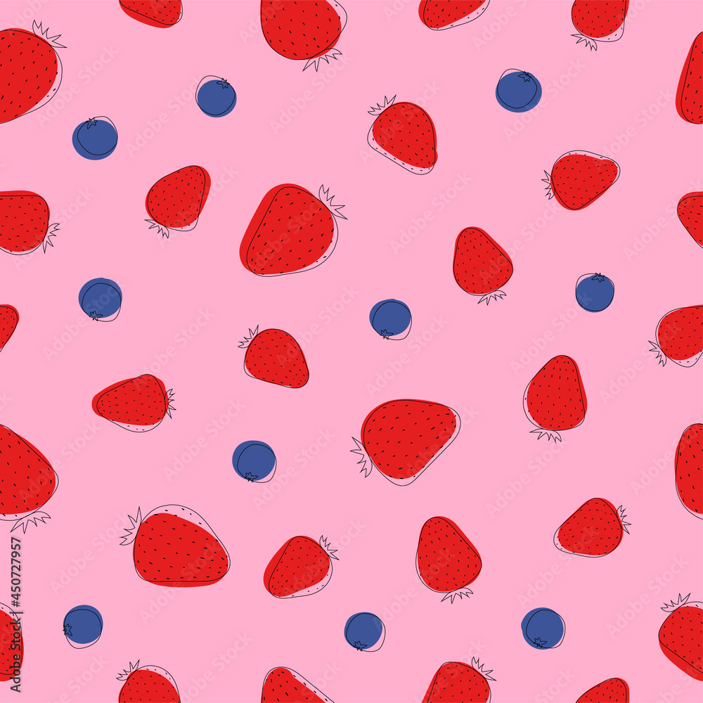 Seamless pattern of strawberries and blackberries. Line art. Colorful fruit on pink background. Seamless pattern of strawberries and blackberries. Line art. Colorful fruit on pink background.
