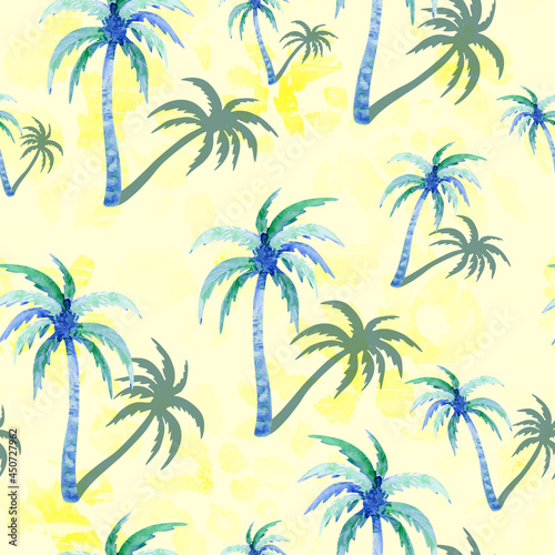 Coconut palms seamless pattern. Tropical beach print with watercolor trees. 