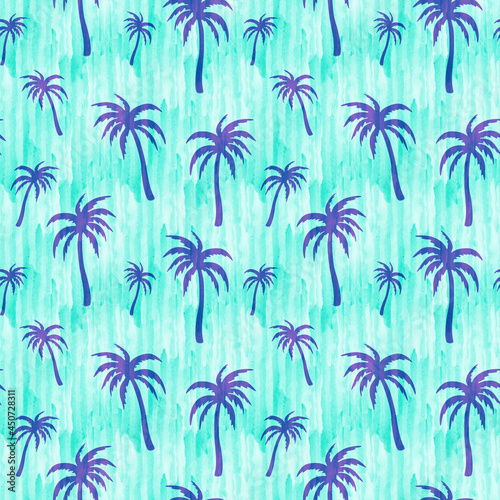Coconut trees seamless tropical watercolor pattern.