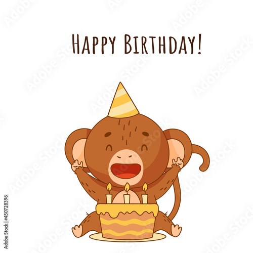 A holiday with a cute monkey with a cake and candles. Lettering. Happy Birthday. Isolated objects. Vector illustration