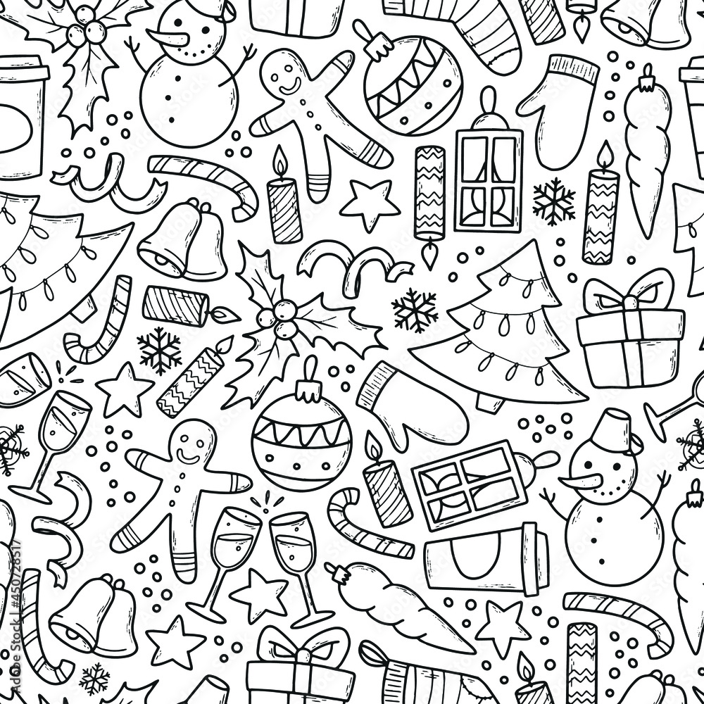 christmas seamless pattern with sketched monochrome doodles. Good for prints, wrapping paper, textile, digital paper, wallpaper, scrapbooking, etc. EPS 10 christmas seamless pattern with sketched monochrome doodles. Good for prints, wrapping paper, textile, digital paper, wallpaper, scrapbooking, etc. EPS 10