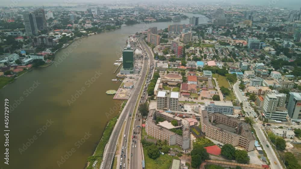 Traffic and cityscape of Falomo Bridge, Lagos Law school and the Civic centre tower in Lagos Nigeria Traffic and cityscape of Falomo Bridge, Lagos Law school and the Civic centre tower in Lagos Nigeria