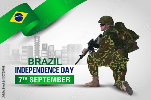 illustration of 7th of September background for Happy independence day Brazil. a soldier with gun and flag. Vector illustration design.
