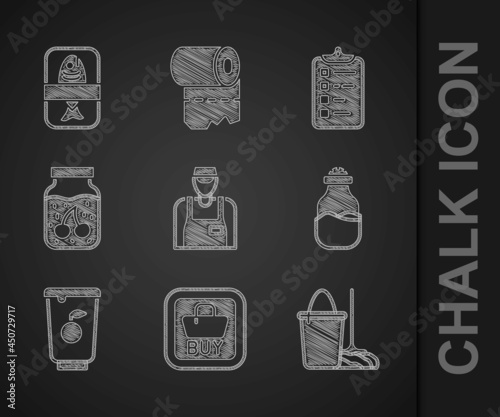 Set Seller, Buy button, Mop and bucket, Spice in can, Yogurt container, Jam jar, Shopping list and Fish plastic tray icon. Vector