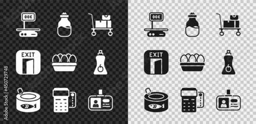 Set Electronic scales, Spice in can, Hand truck and boxes, Canned fish, POS terminal with credit card, Identification badge, Fire exit and Chicken egg icon. Vector