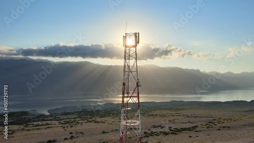 5G telecommunication tower transmitter, technology concept, 4K rising aerial