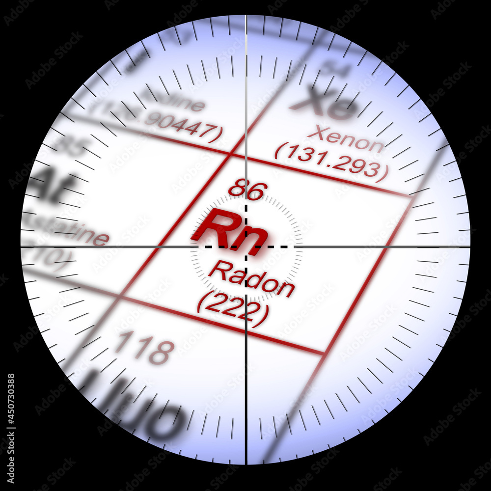 The danger of radon gas - concept image with periodic table of the elements and viewfinder on foreground The danger of radon gas - concept image with periodic table of the elements and viewfinder on foreground