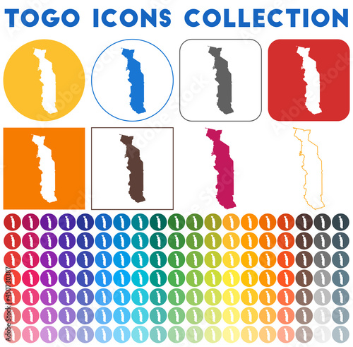 Togo icons collection. Bright colourful trendy map icons. Modern Togo badge with country map. Vector illustration.