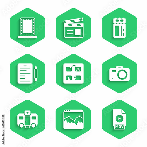 Set Storyboard, Music wave equalizer, MOV file document, Photo camera, Actor trailer, Scenario, Cinema ticket and Makeup mirror with lights icon. Vector