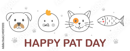 Fototapeta Naklejka Na Ścianę i Meble -  Postcard design with cute linear pet faces on white background. Concept of national pet day holiday. Cute template for happy pet day celebration. Flat cartoon vector illustration