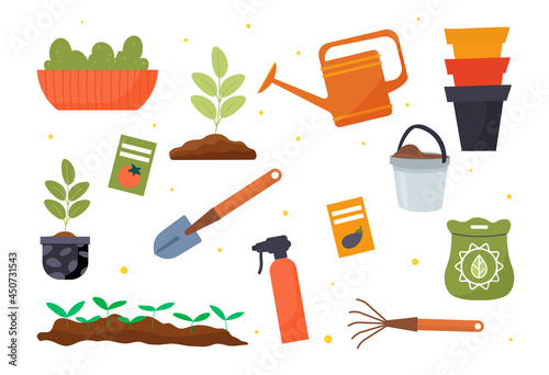Set of gardening tools, seeds and seedlings on white background. Germination of sprouts. Concept of tools, pots and soil for planting. Flat cartoon vector illustration