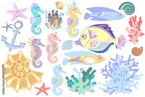 Set of cute abstract sea horses, fish, starfish, colorful coral and seashell. Pastel color. Sea collection. Cartoon style.