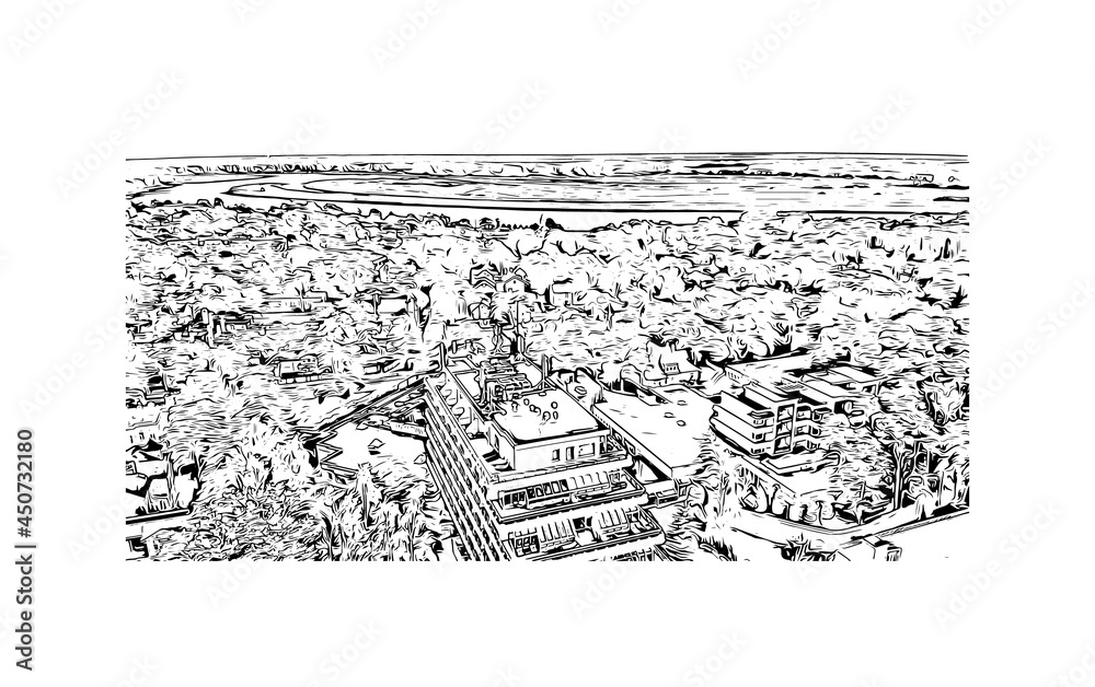 Obraz premium Building view with landmark of Jūrmala is the city in Latvia. Hand drawn sketch illustration in vector.
