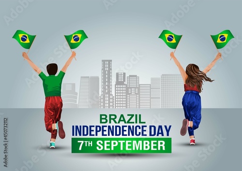 happy independence day7th September. a boy and girl running with Brazilian flag. vector illustration design.