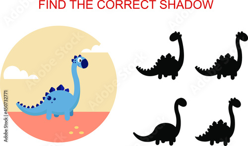 Fototapeta Naklejka Na Ścianę i Meble -  Find the correct shadow. Cartoon style blue dinosaur. Educational game for children.