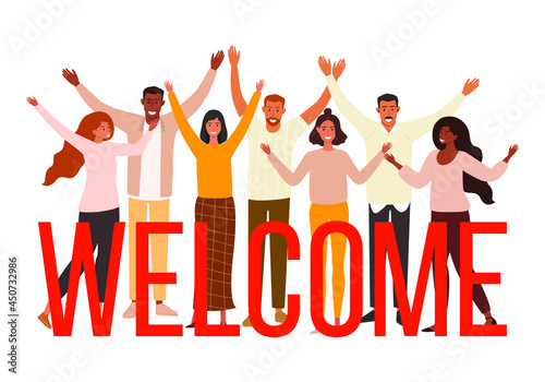 A flat vector cartoon illustration of a group of diverse people waving and greeting a new team member. Isolated design on a white background.