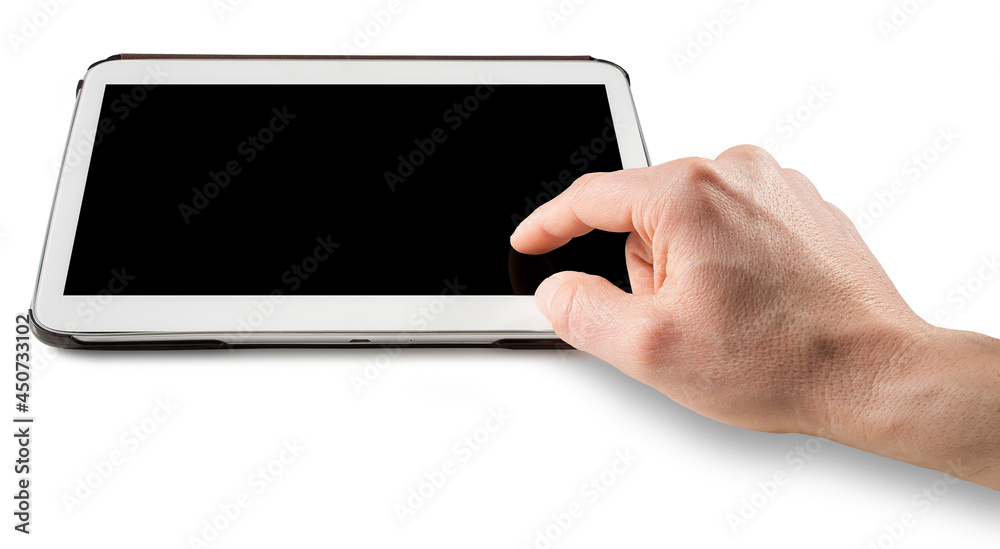 Blank digital tablet with hand - concept with copy space isolated on white Blank digital tablet with hand - concept with copy space isolated on white