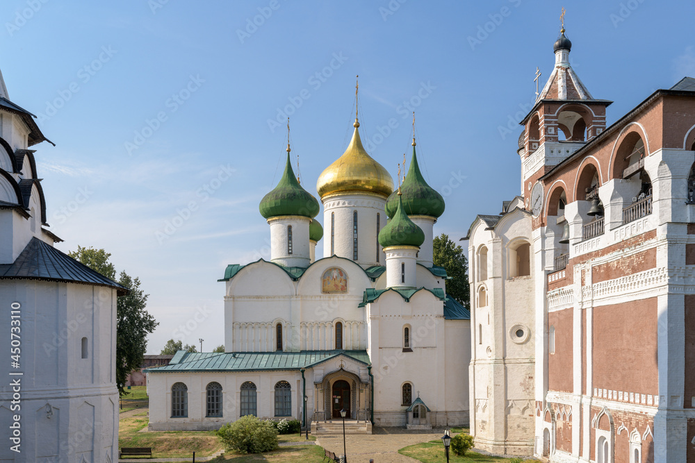 Transfiguration Cathedral and bell tower (belfry) in Monastery of Saint Euthymius. Suzdal, Russia