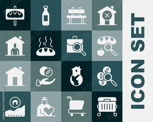Canvas Print Set Trash can, Search for money, Searching food, Bench, Donation, Shelter homeless, and Work search icon
