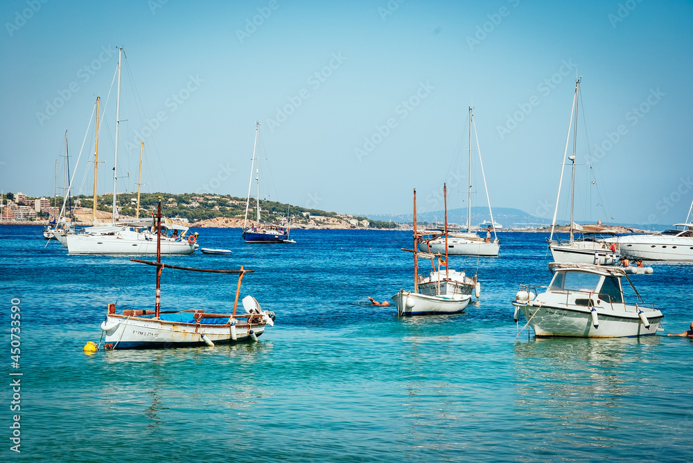 MAJORCA Boats moored in clear Mediterranean waters off the coast