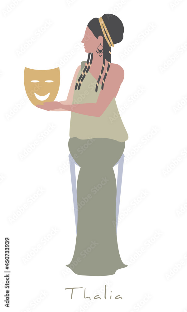 Girl dressed in ancient Greek style, holding a theatrical mask of comedy. Greek mythology. Muse Thalia. Isolated on white background. - obrazy, fototapety, plakaty 