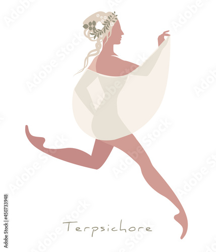 Girl with flowers in her hair, dancing covered with a veil. Greek mythology. Muse Terpsichore. Isolated on white background.
