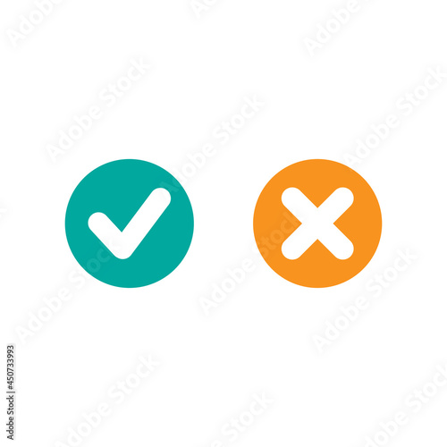 Set of check mark icons. white rounded tick in blue circle and cross in orange circle.