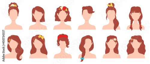 Flat woman hairstyles with flower, ribbon and bow accessory. Young female haircut with hair pins, ties and bands. Girl hairstyle vector set photo