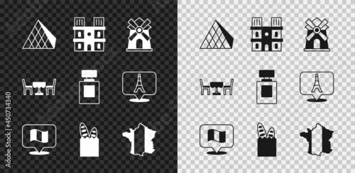 Set Louvre glass pyramid, Notre Dame de Paris, Windmill, Flag France, French baguette bread, Map of, cafe and Perfume icon. Vector