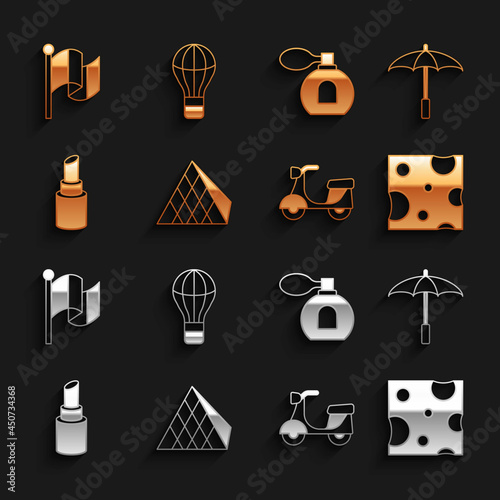Set Louvre glass pyramid, Umbrella for beach, Cheese, Scooter, Lipstick, Perfume, Flag France and Hot air balloon icon. Vector