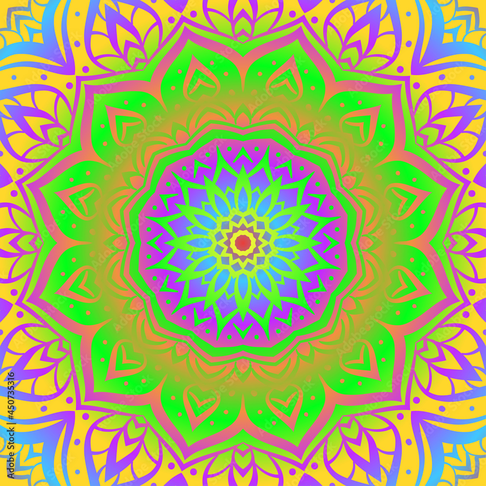 abstract colorful gradient mandala art background vector design. symmetrical round trippy bohemian wallpaper. meditation flower decoration