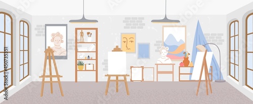Artist workshop or art studio classroom interior with easels. Painter room with canvases and drawing tools, paints and brushes vector scene photo